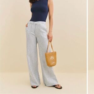 Reformation Banks Linen Pants, Size 0, NWT, Navy and White